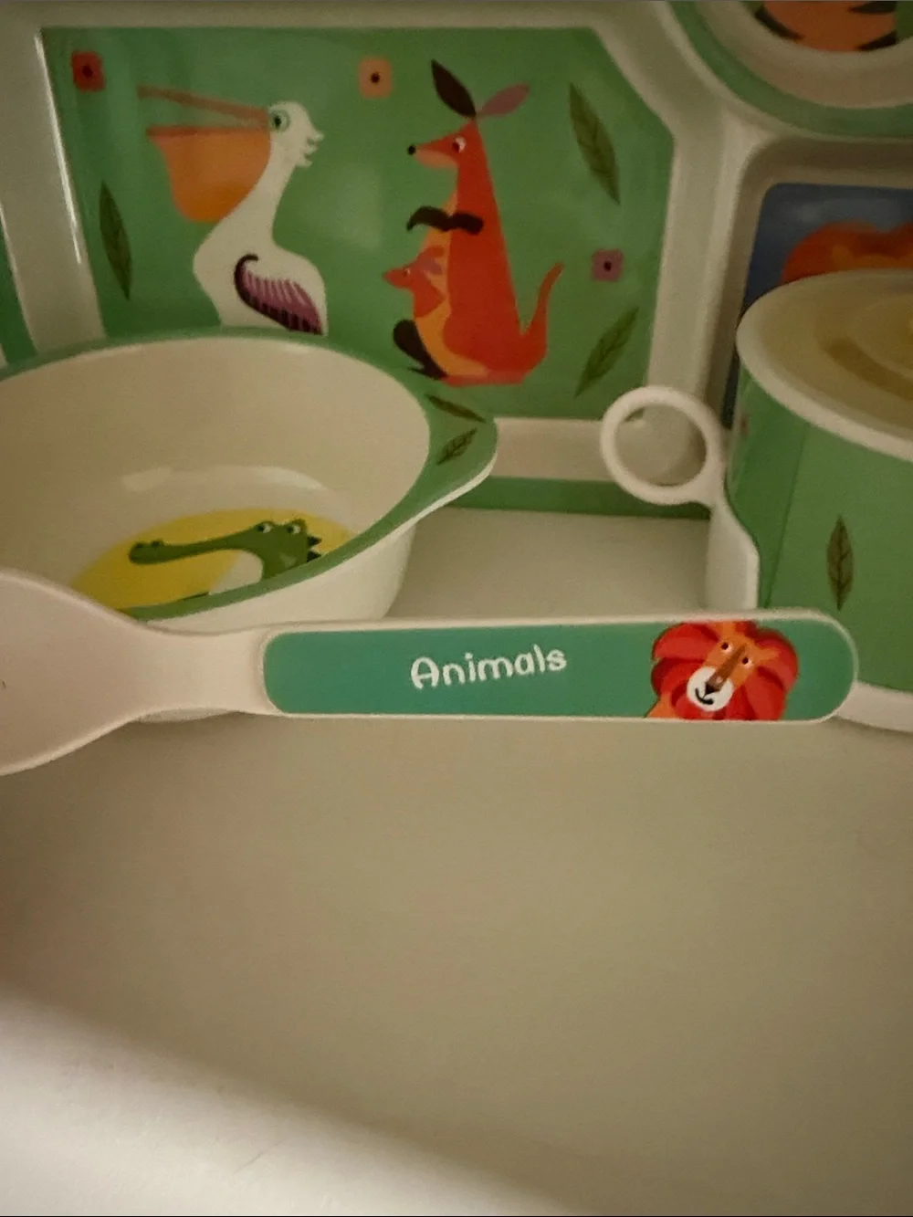 Kids Animal Dinner Set - Green Illustrated Plate, Bowl, Cup & Spoon